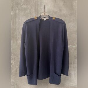 St John 3 Piece Knit Set Cardigan Tank Skirt Navy Gold Buttons